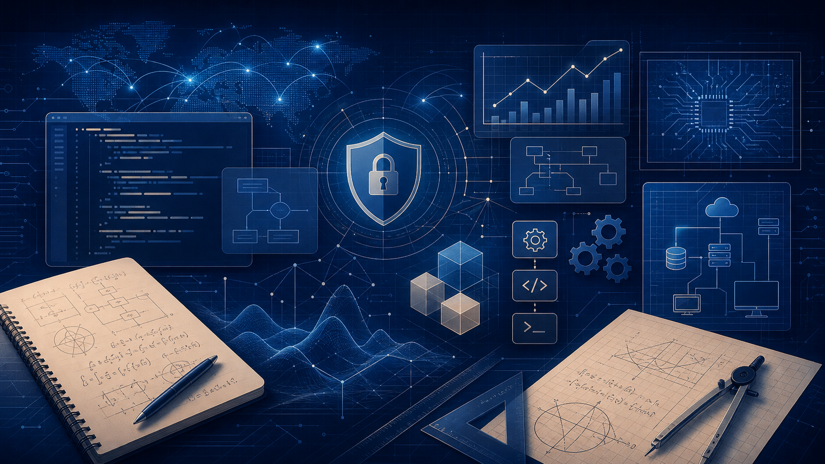 Abstract illustration of cybersecurity analysis, engineering systems thinking, and automation workflows