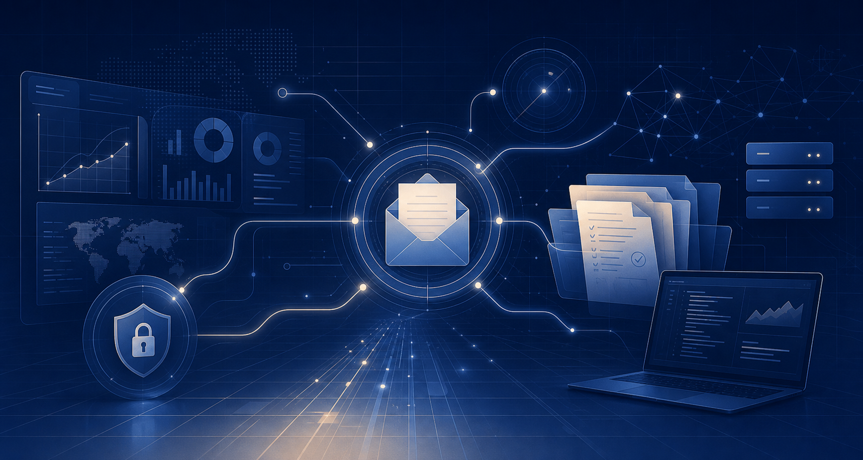 Abstract illustration of secure communication, collaboration, and technical security consulting